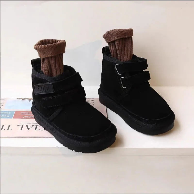 Children's Snow Boots With Frosted Genuine Leather Thickened Fleece Boys Babies Winter Shoes Girls Cotton Boots Size 26-37