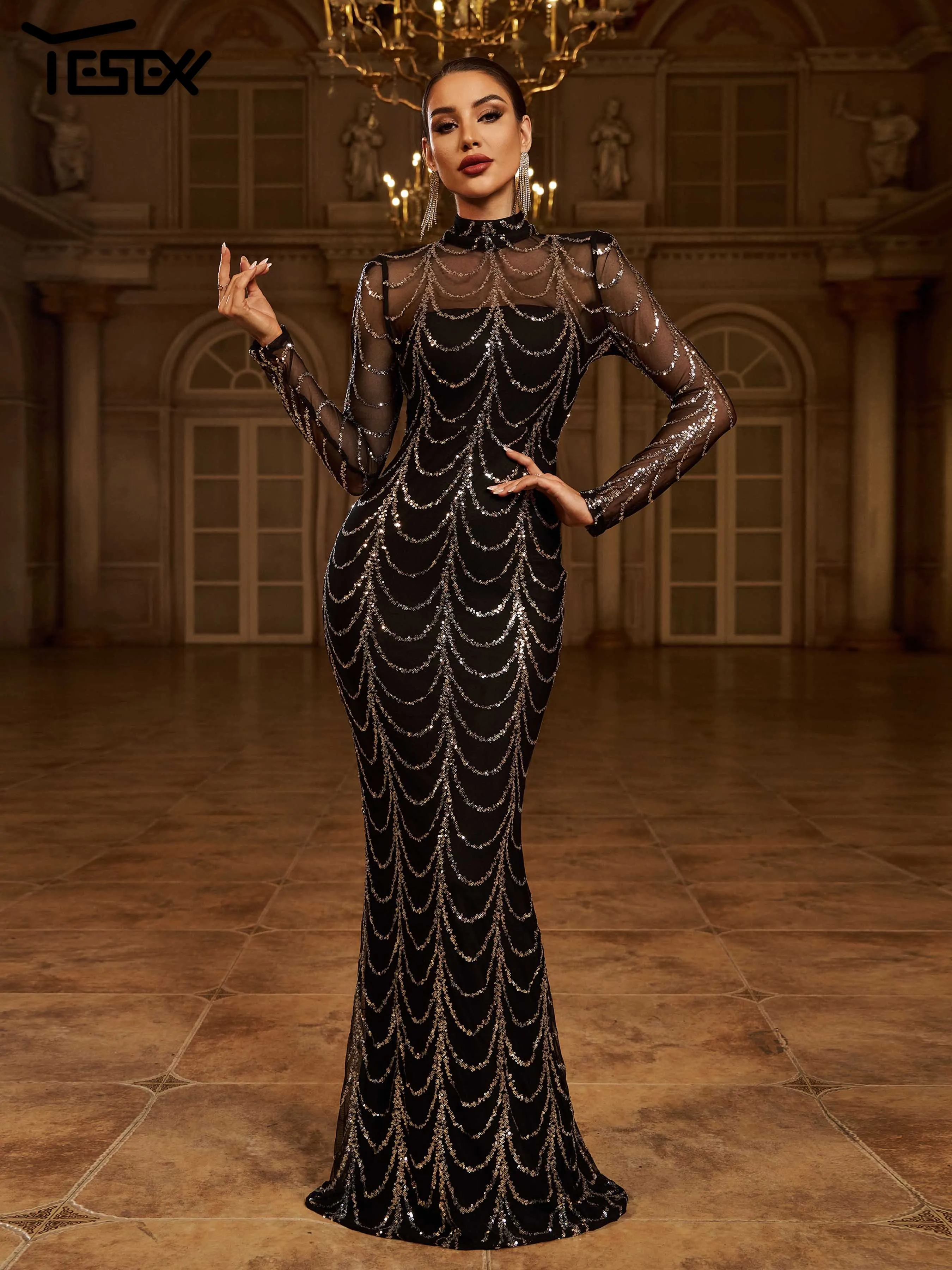 

Yesexy New Chic Elegant Round Neck Long Sleeved Sexy Sequin Mermaid Cocktail Evening Gown Birthday Party Graduation Maxi Dresses