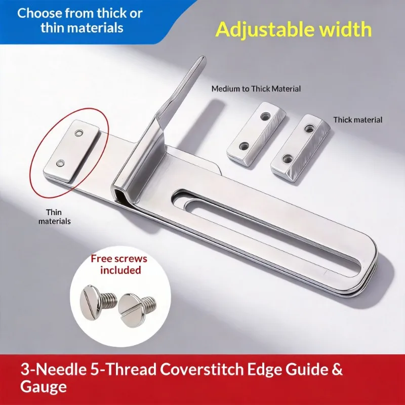 3 Needle 5 Thread Zigzag Presser Foot with Adjustable Width & Edge Guide, All Steel Sewing Machine Accessory for Light Fabrics