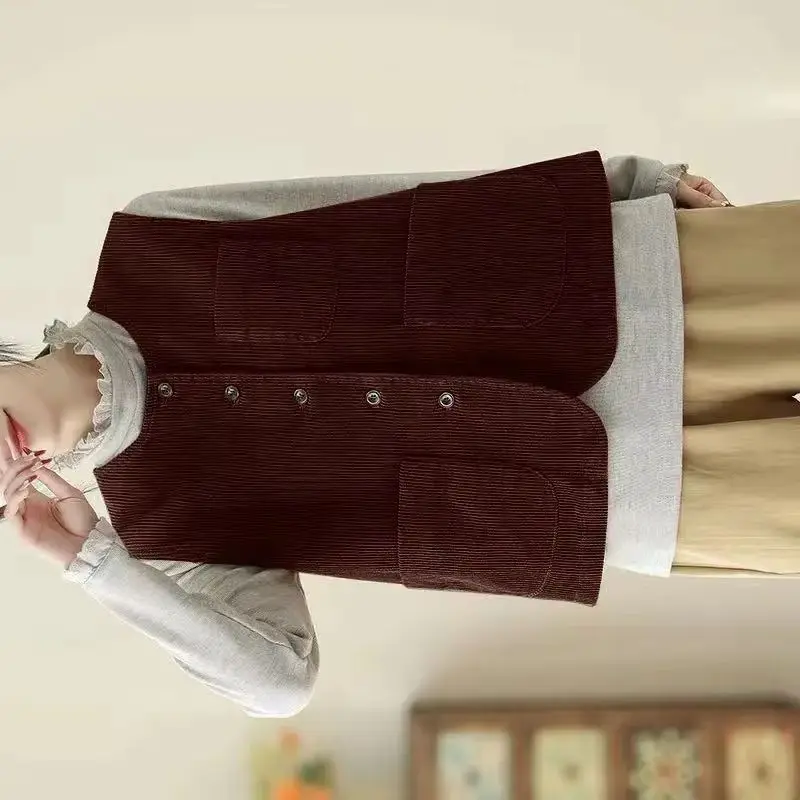 

Весна-Осень 2025Новый винтажный вельветовый жилет с круглым вырезом Джокер, женская куртка, повседневный свободный женский жилет без рукавов, женские топы