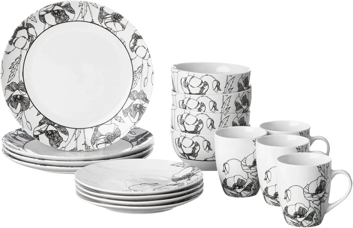 

Dinnerware Set - 16-Piece Stoneware Party Collection w/ 4 Dinner Salad Plates, 4 Bowls & 4 Mugs - Gift Idea for Any Occasion