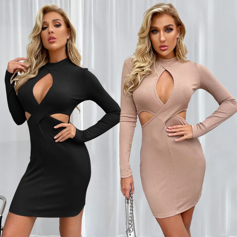 

YQ1-Independent Women's Clothing2025Autumn and Winter Elegant Commuting Sexy Hollow High Neck Pullover Long Sleeve Dress