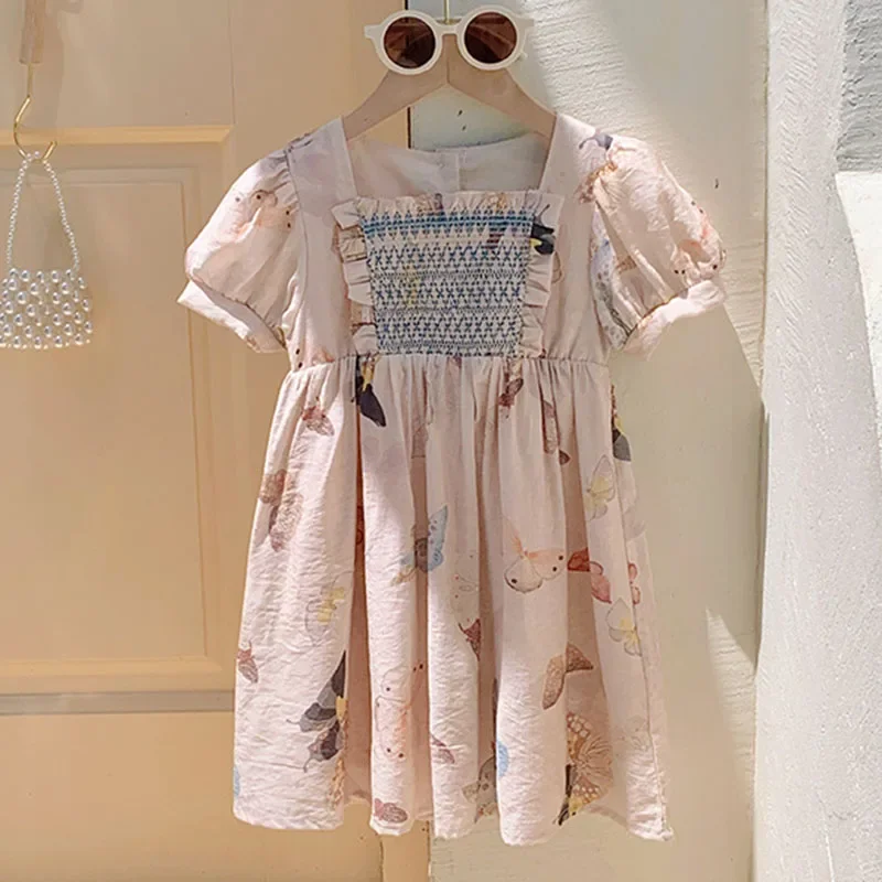 2025 New Summer Sister Clothing Kids Princess Dresses Short Sleeved Cotton Flower Print 2-7Yrs Baby Girl Party Dress