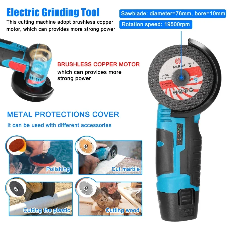 12V wireless Angle Grinder 19500RPM Rechargeable Grinding Tool Cordless Polishing Machine Diamond Cutting Grinder Electric Tool