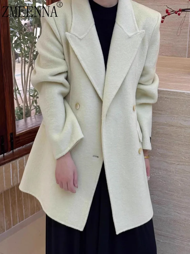 

ZMEENNA Women's Elegant Wool Blend Double Breasted Blazer Coat Notched Lapel Casual Winter Jacket Stylish White Outerwear ZM3620