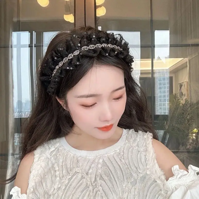 

Women Ladies Girls Wide Edge Pleated Lace Black Mesh Sequins Hair Clip Female 2025 New Headwear Hairbands Hair Accessories