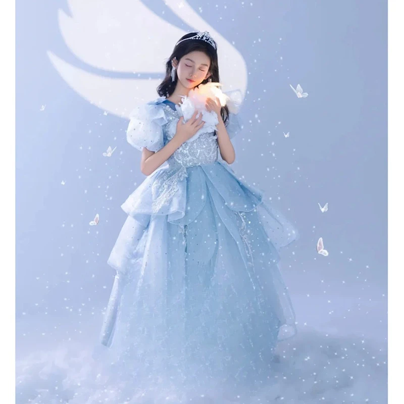 

Children's princess 2025 new studio theme shooting blue swan girls catwalk birthday dress
