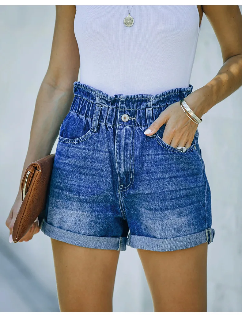 

2022 New Women's Summer Denim Shorts Fashion Casual Elastic Waist Curled Jeans Shorts Street Casual Female Clothing S-2XL