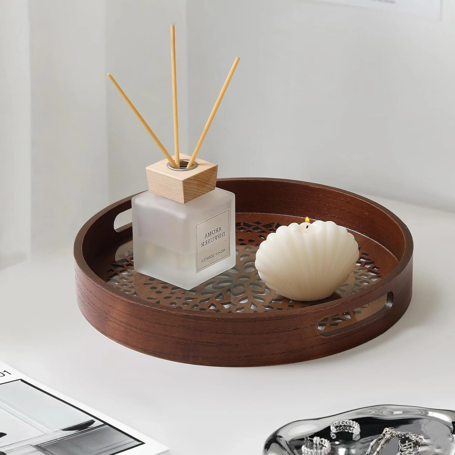 

Round Wooden Tray Fruit Storage Trays Candle Holder Multi-purpose Tray Coffee Cup Food Tray Farmhouse Dinning Table Decoration
