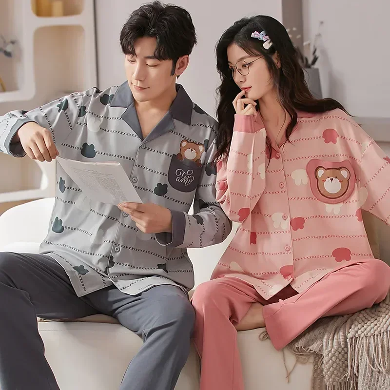 Women's Korean Clothes Spring Couple's Cardigan Autumn Fashion Men's Cotton Loungewear Home Pajamas Set 2023 Long