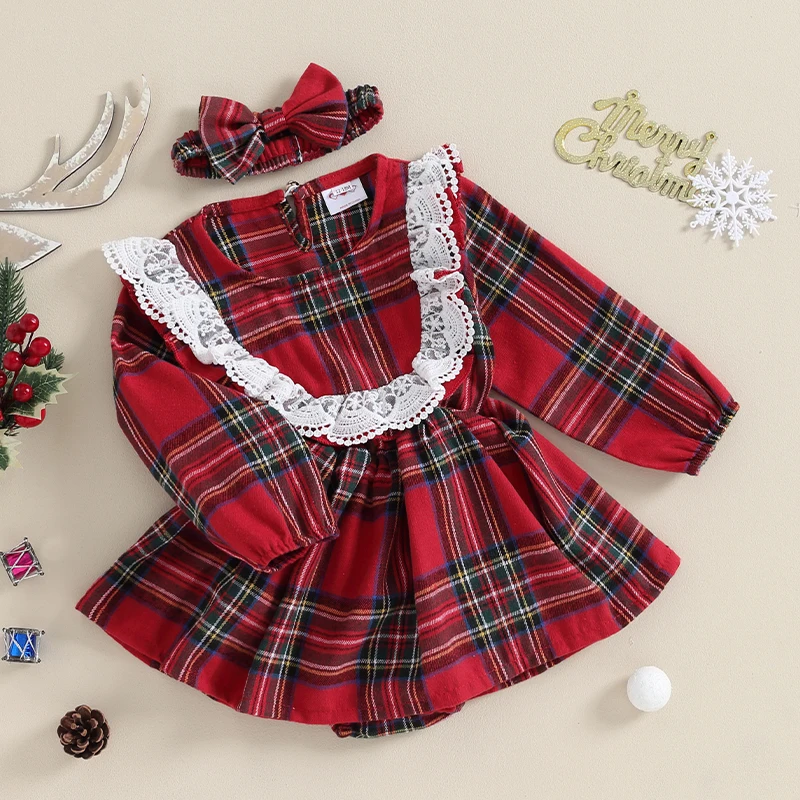 Infant Girls Plaid Lace Trim Romper Dress Set with Headband - Christmas Outfit for Toddler Baby Girls Crew Neck Long Sleeve