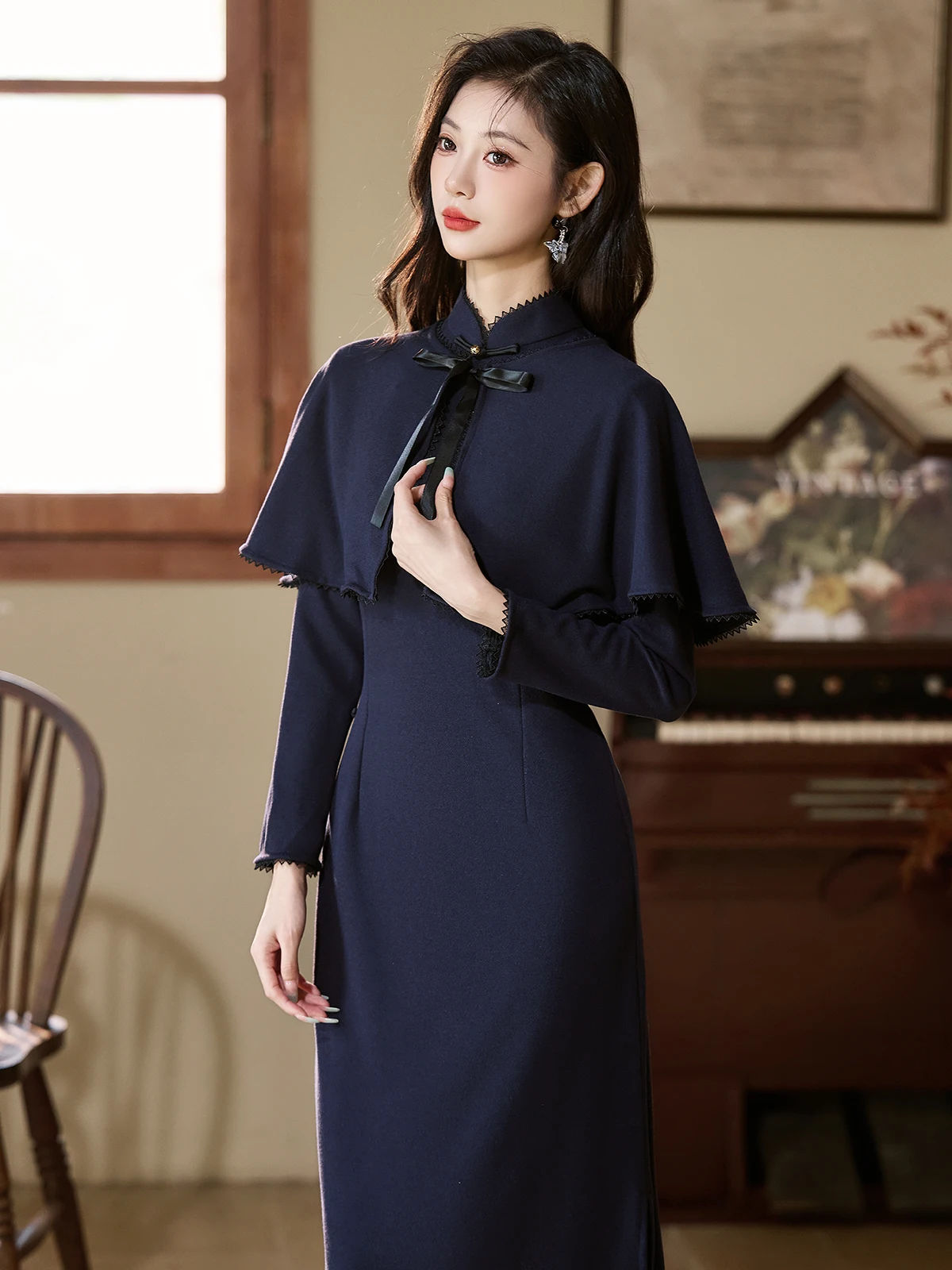 

Комплект Young Sle: Длинное платье с воротником-хомутом, синее, в китайском традиционном стиле, женское, класса люкс, для повседневной носки, осень