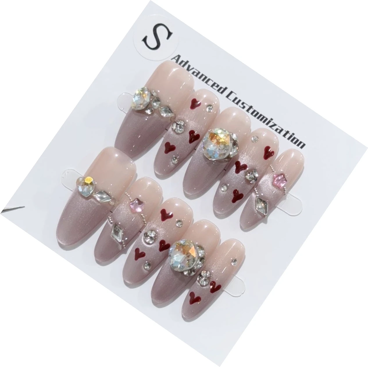 Emmabeauty Pink Love Long Oval Adorned Rhinestone High-Quality Elegant Luxurious Whitening Handmade Press On Nails.No.D1250