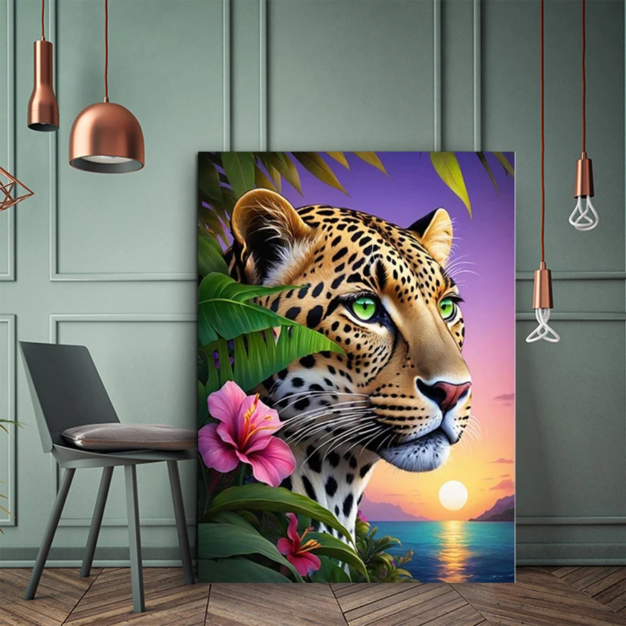 Diy Diamond Painting New Collection Leopard sunset view Full Rhinestone Art Mosaic Embroidery Jungle Animals Picture Wall Decor