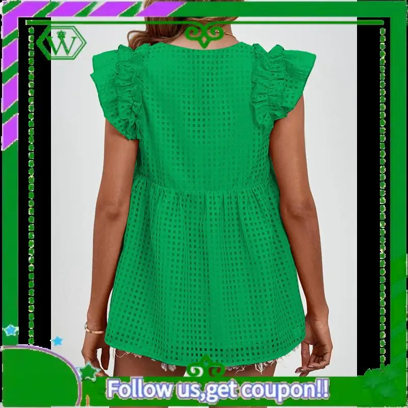 A18P-เสื้อสตรีคอวีRuffle Babydoll - Sheer Peplum Top, Flowy Casual Loose Fit,เสื้อฤดูร้อนของผู้หญิง