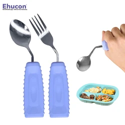 Ehucon Adaptive Utensils Curved Angled Spoon and Fork Set for Tremors Parkinsons Limited Elderly with Non-slip Easy Grip Handles