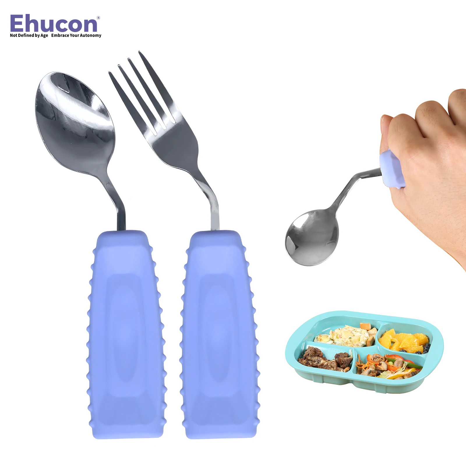 Ehucon Adaptive Utensils Curved Angled Spoon and Fork Set for Tremors Parkinsons Limited Elderly with Non-slip Easy Grip Handles
