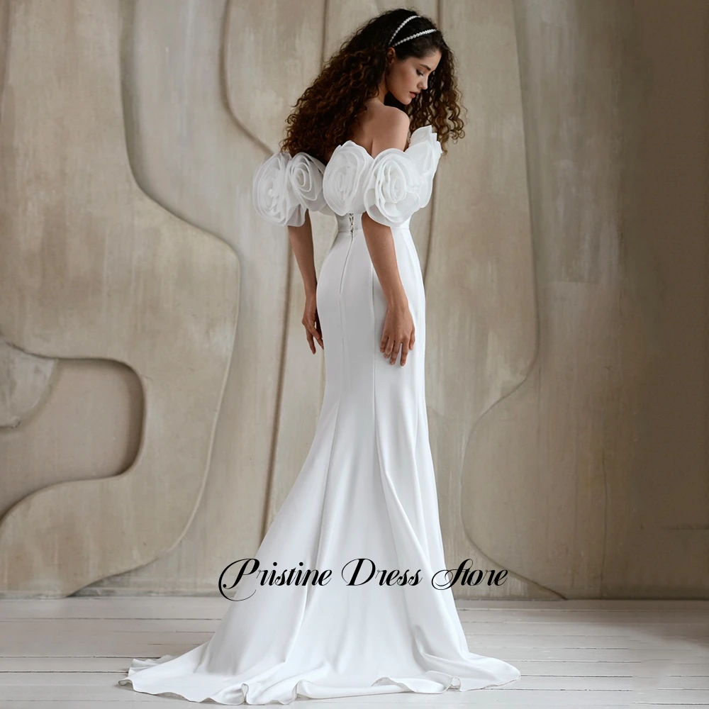 Romantic Women Mermaid Strapless Wedding Dress with Off the Shoulder Flowers Customized White Jersey Bridal Gowns Court Train