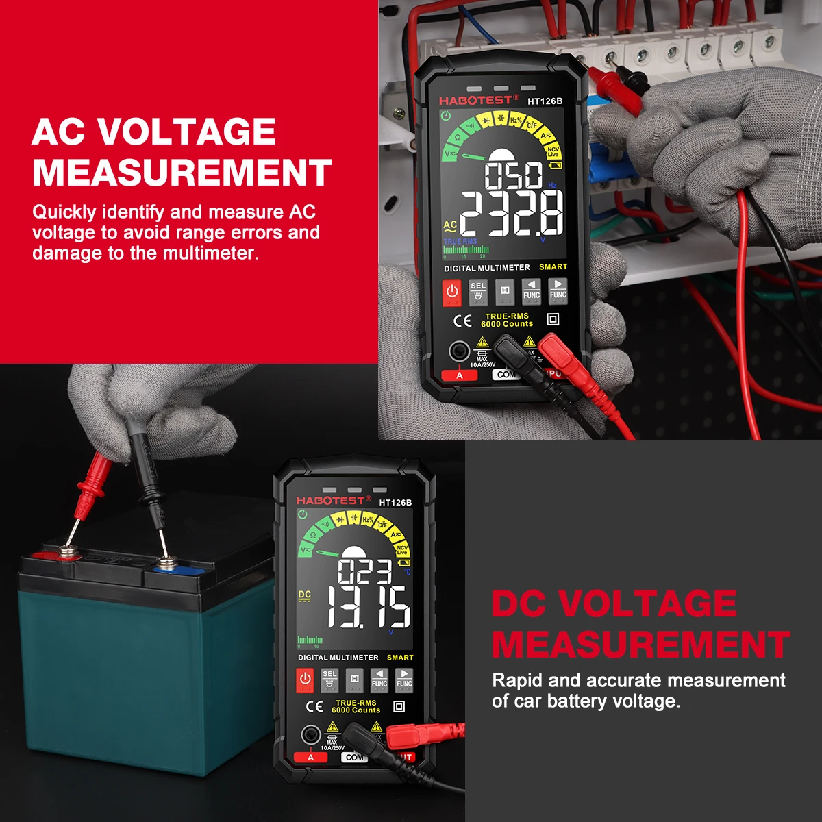 HABOTEST HT126A/HT126B Digital Multimeter Smart Auto Range DC AC Current Voltage Tester Meter Ohm Hz Capacitance NCV Multitester