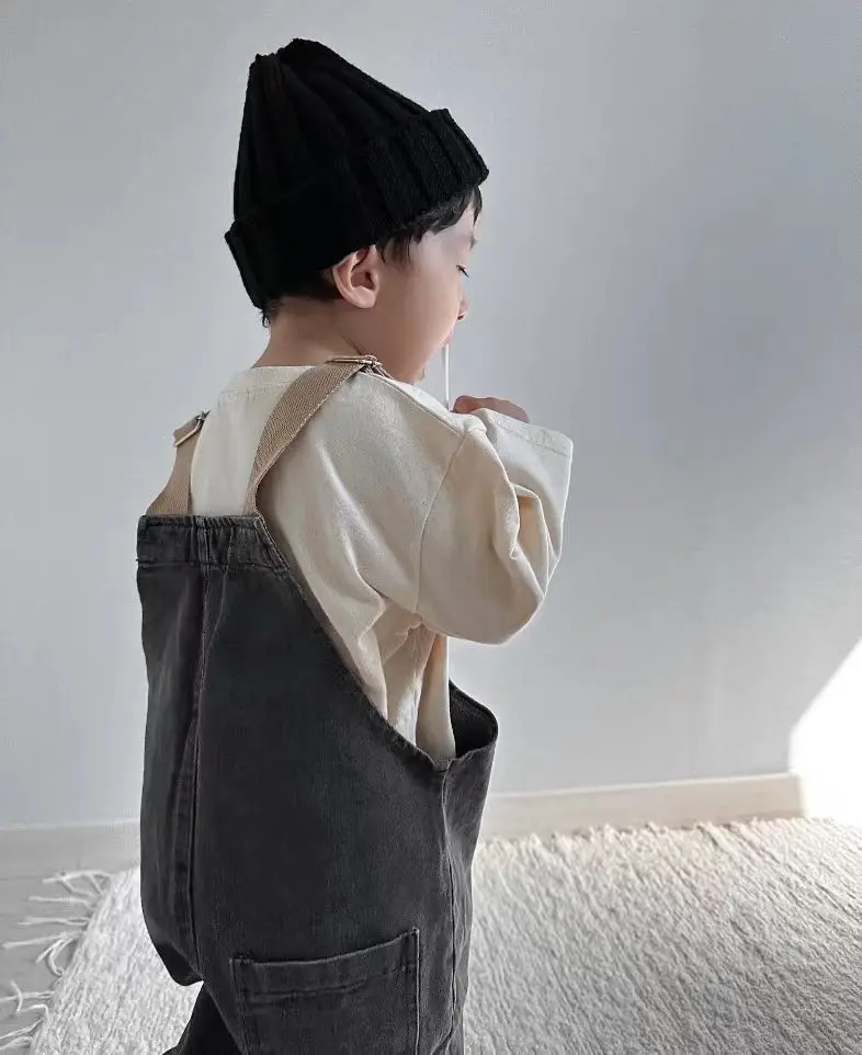 2024 Spring Boy Baby Pocket Overalls Loose Infant Suspenders Jumpsuit Retro Toddler Jeans Kids Casual Pants Girl Cotton Trousers