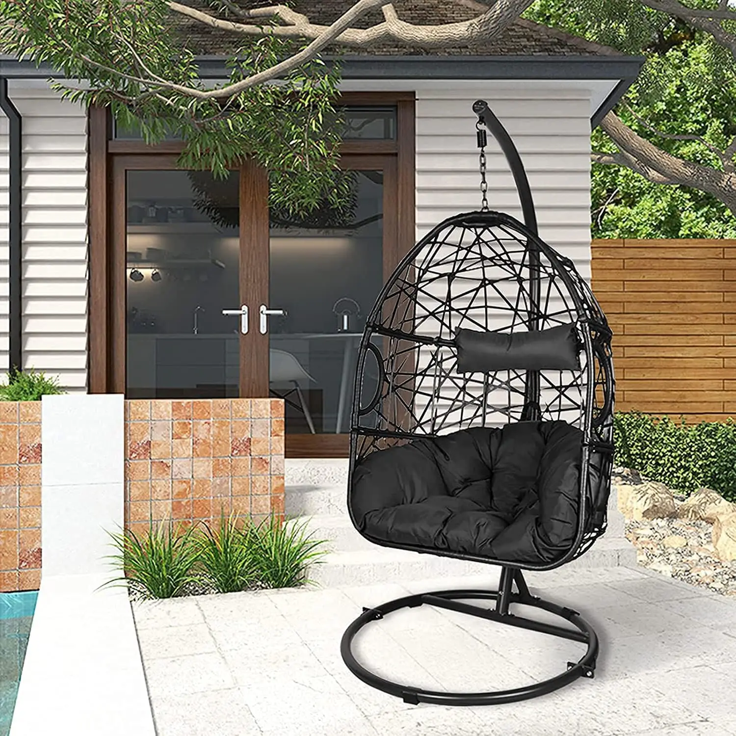 

Hanging Swing Egg Chair with Cushions and Stand, Indoor/Outdoor Wicker Rattan Patio Basket Chair UV Protection for Patio Bedroom