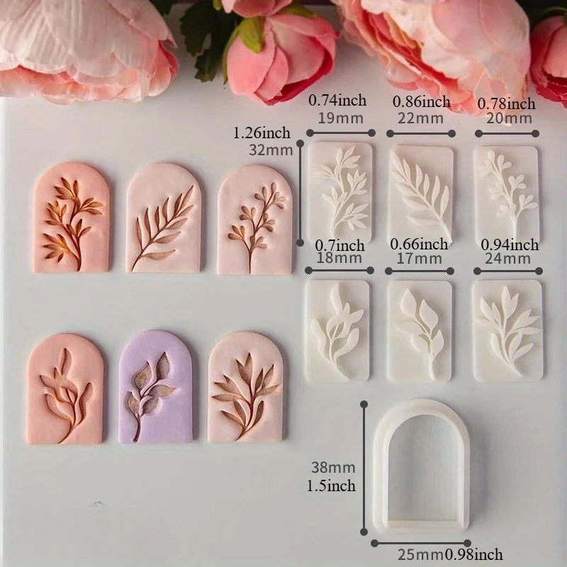 7-teiliges Set mit Ohrringformen aus Ton mit botanischem Blattmuster, frischen Pflanzen- und Rankenblättern, Ton-Ausstechformen und Werkzeugen für die Herstellung von Ohrringen, Anhängern und Schmuck – Detail 7