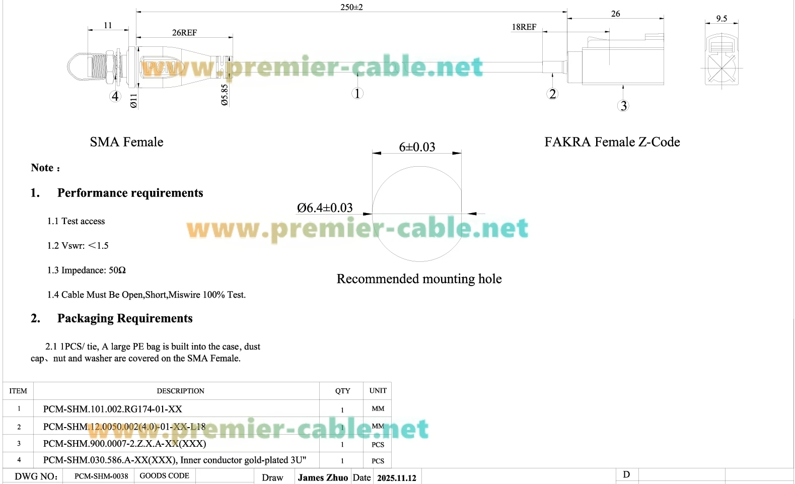 FAKRA Z Buchse auf SMA Buchse Schottmontage RF-Koaxialkabel 50 Ohm RG174 Autoantennen-Verbindungskabel für GPS GNSS, ADAS, WiFi – Detail 1