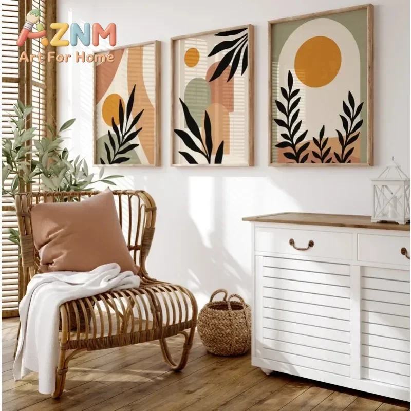 Bohemian Abstract Wall Art Beige Green Terracotta Nordic Modern Canvas Painting Leaves Colour Block Bedroom Frameless Poster