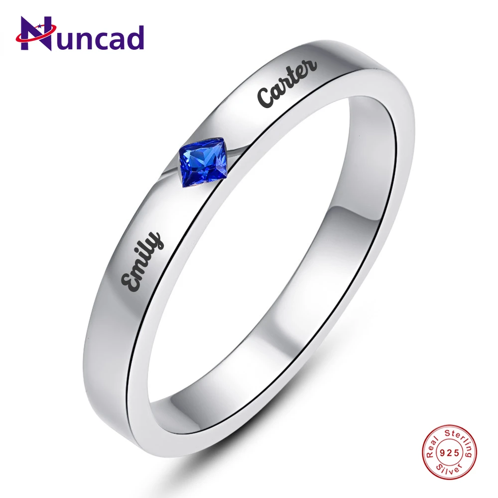 

NUNCAD 925 Silver Ring Customized Zircon Square Gem Birthstone 2 Names Women's Birthday Gift Jewelry