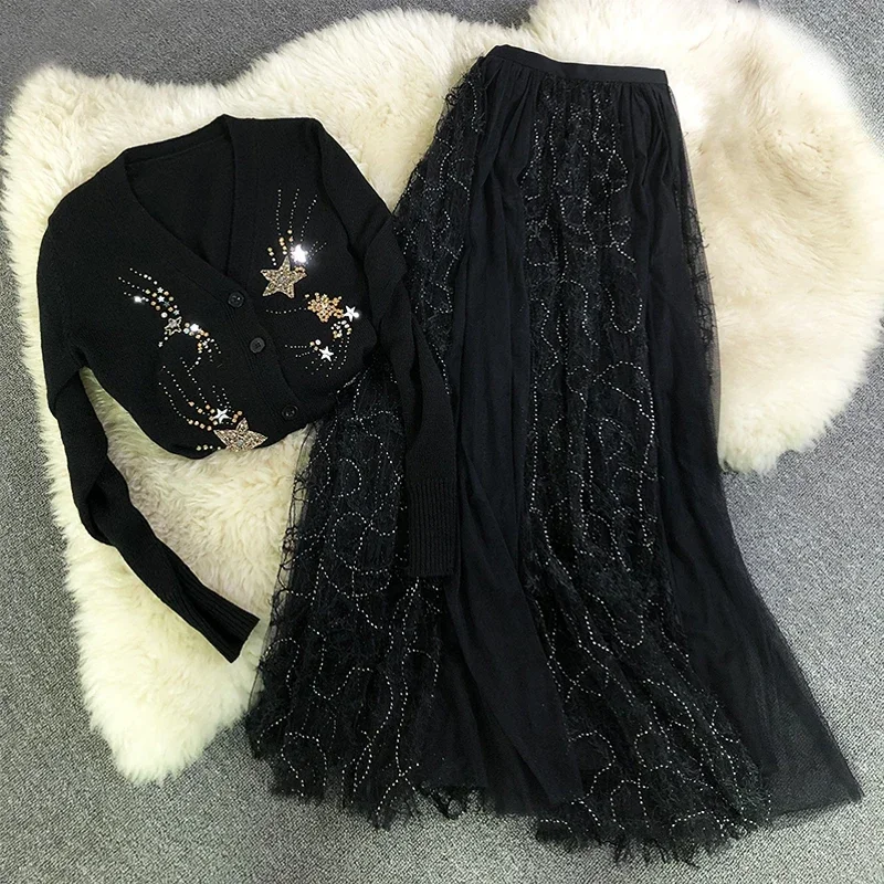 New Heavy fairy skirt line black velvet beads yarn yarn long pleated skirts female ins super fire of tall waist net veil