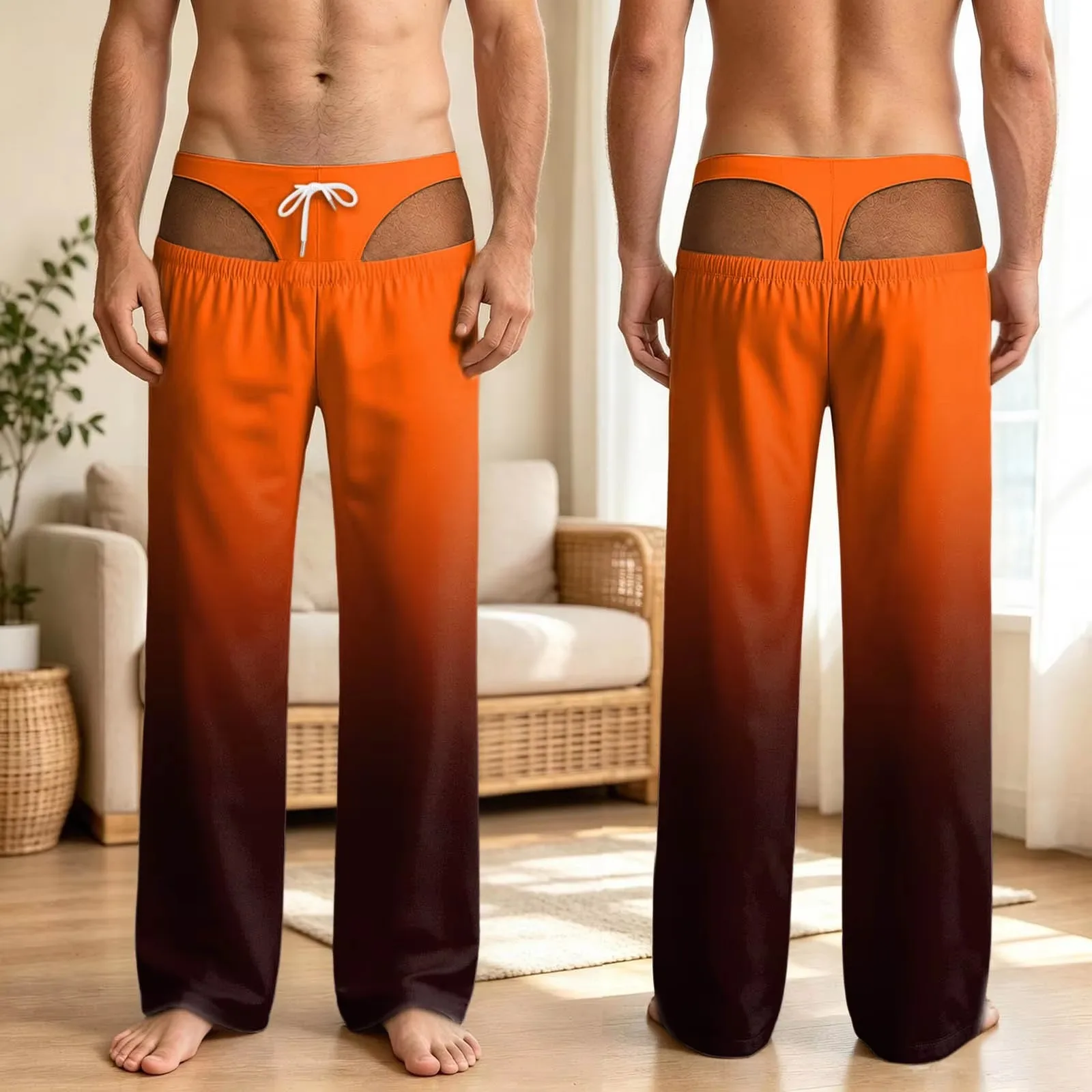Men Funny 3D Printed Fake Underwear Design Wide Leg Pajama Pants Gradient Color Loose Sleep Trousers Novelty Home Lounge Pants