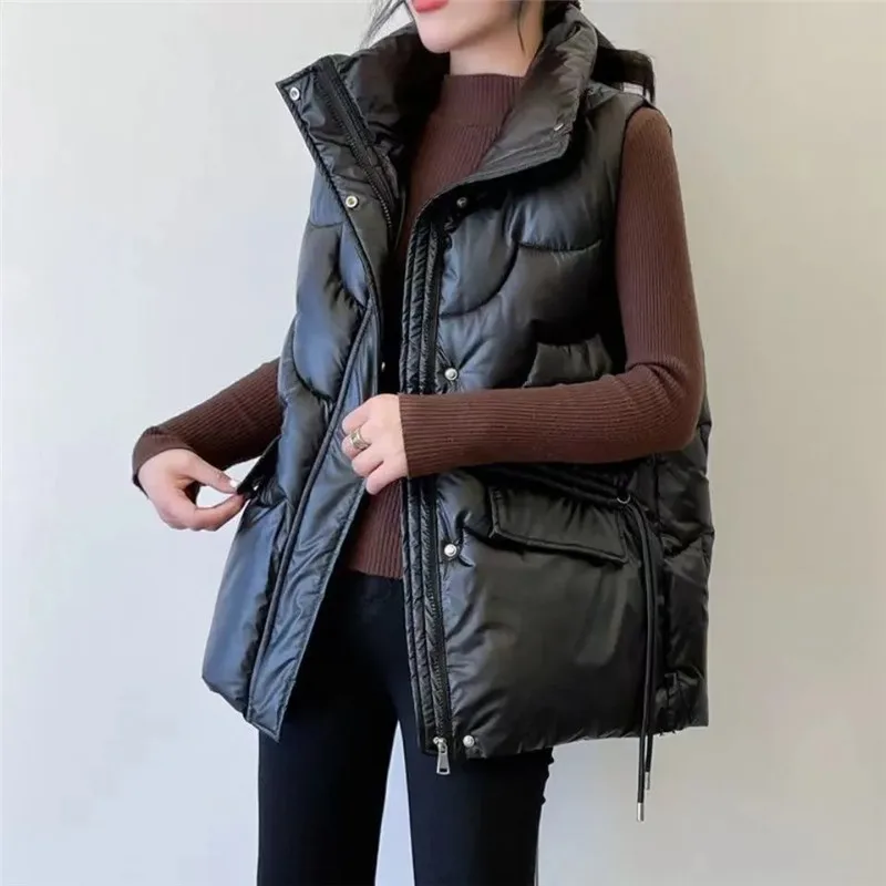 

2023 New Shiny Cotton Padded Jacket Waistcoat Loose Fashion Loose Outwear Vest Short Vests Women's Coat Pocket Puffer Coats