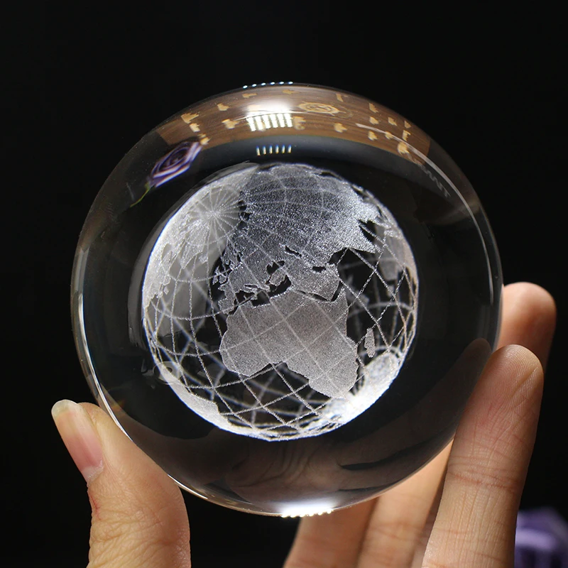 3D Crystal Earth Ball Laser Engraved Miniature Glass Sphere Ball Stand Home Office Ornament