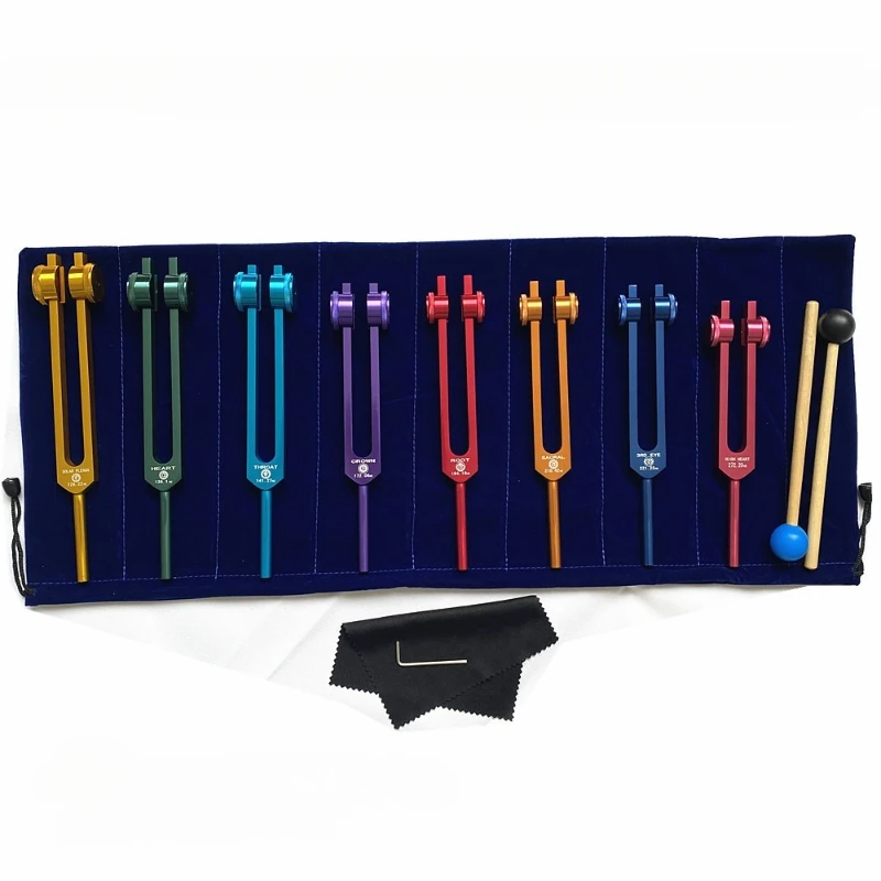 Colorful Tuning Fork 126.22 136.1 141.27 172.06 194.18 210.42 221.23 OM Aluminum Box Tuning Forks Set Healing Musical Percussion