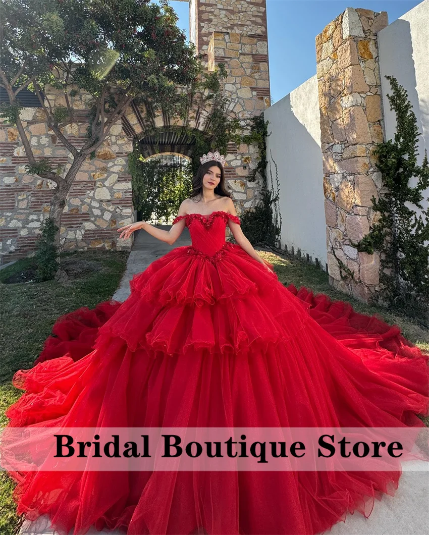 

Luxury Red Princess Quinceanera Dress Beading Crystals Flower Appliques Sweet 16 Dress Tiered Ruffles Ball Gown Court Train