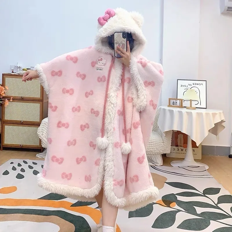 Miniso Plush Anime Hellokitty Pajamas Set Girls Cute Sanrio Hooded Robes Blanket High Quality Casual Fleece Sleepwear For Women