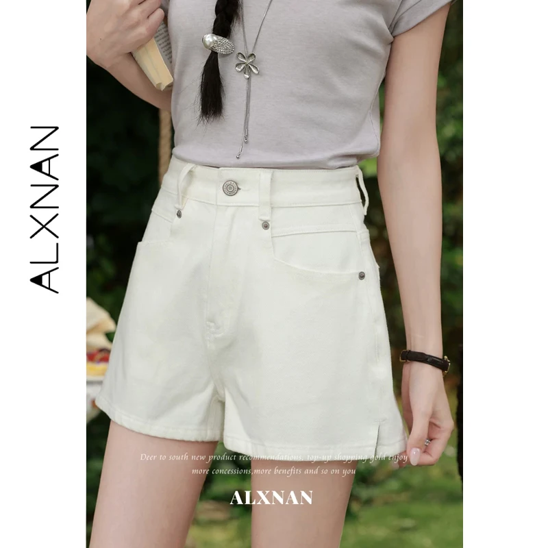 

ALXNAN Women's Denim Shorts White High Waist Wide-leg Loose-fit Cotton Summer Shorts Elegant Casual Female Short Pants L65070