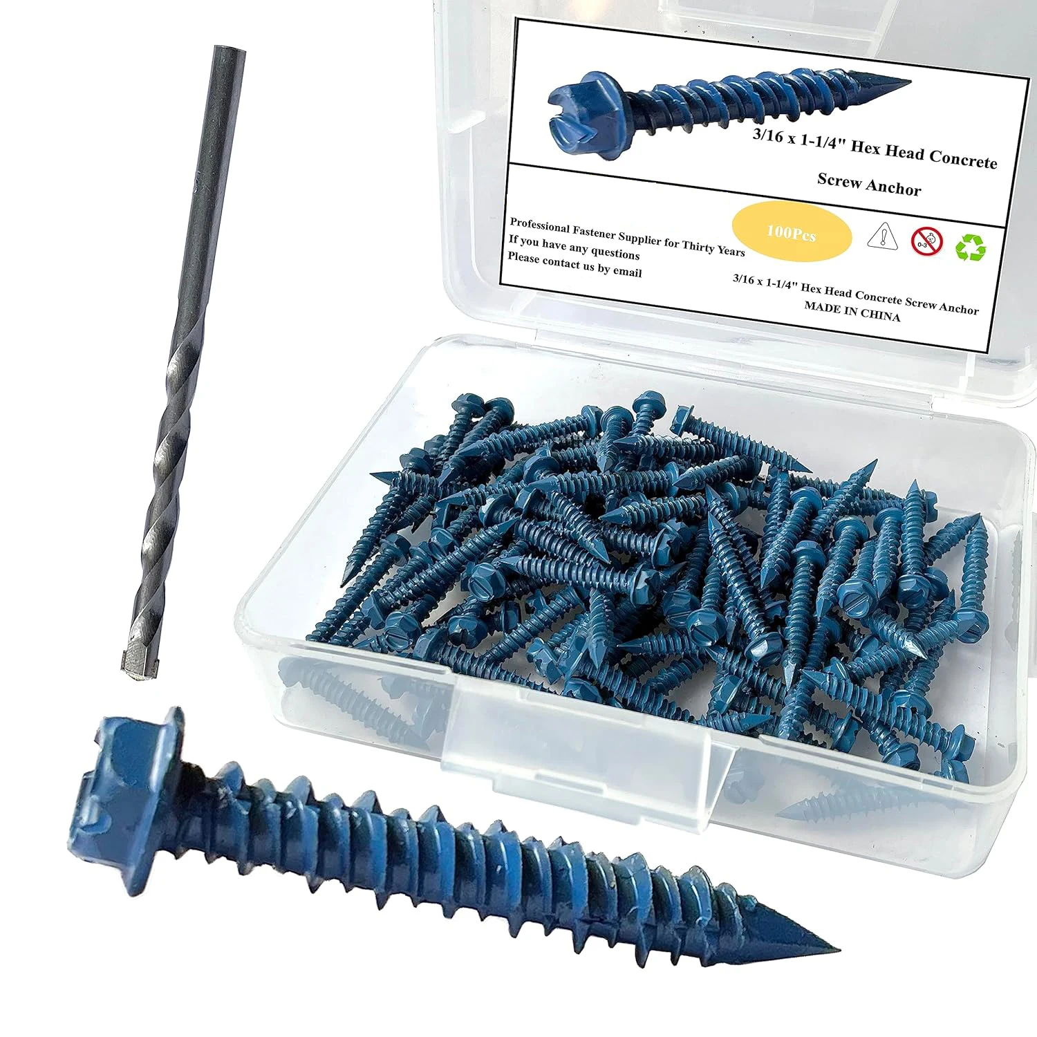 

3/16 x 1-1/4" Hex Head Concrete Screw Anchor, for Anchoring to Masonry, Block or Brick (100Pcs)