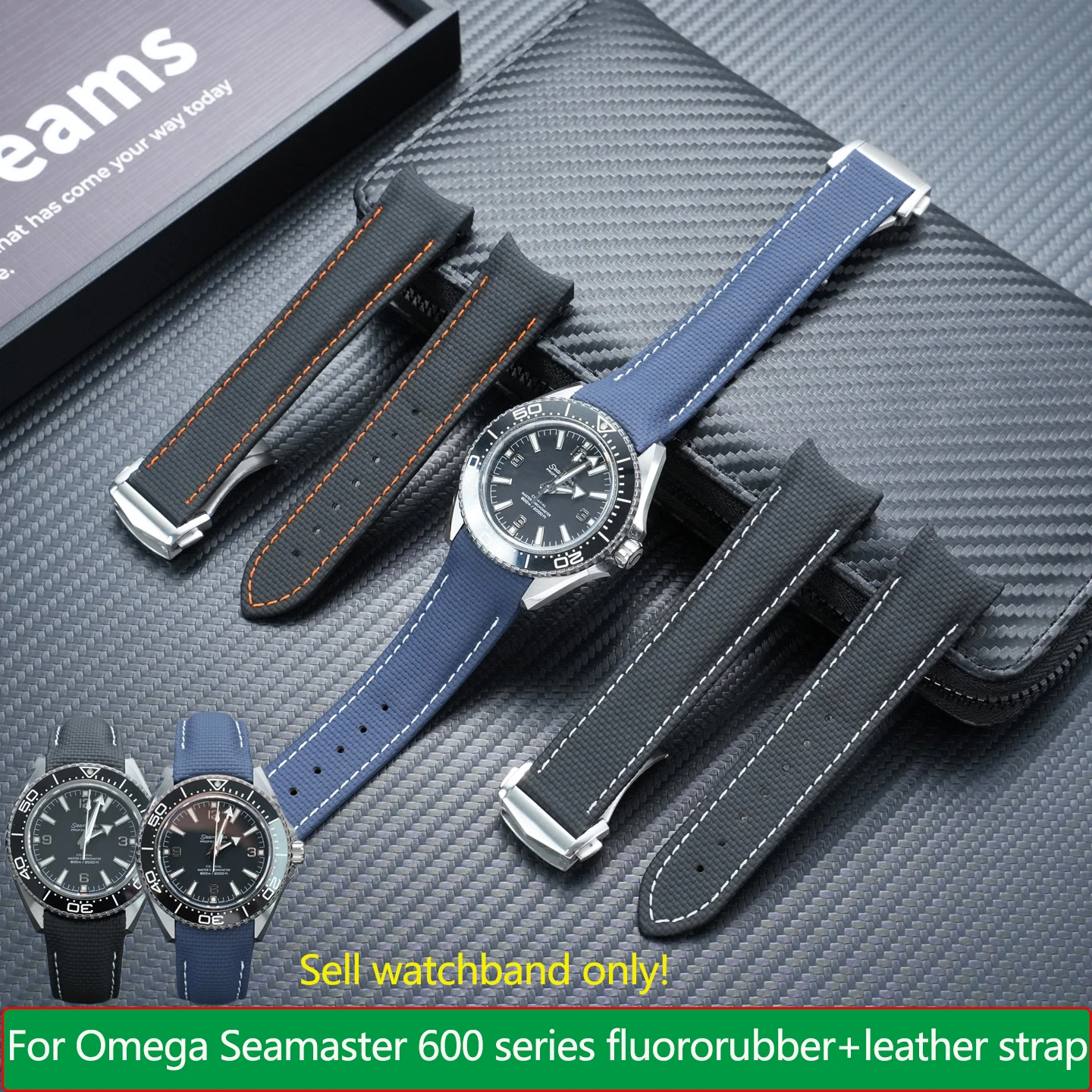 21mm Fluororubber+ Cow Leather Strap Compatible with Omega Seamaster 600 Quarter Orange Ocean Universe Series Arc End watchband