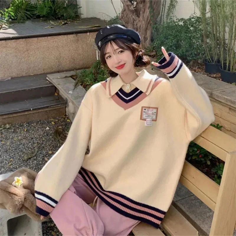 

Fake Two Pices Sweater Women Japan Sweet Loose Knitted Pullover Fashion Casual Preppy Style Striped Female Jumper