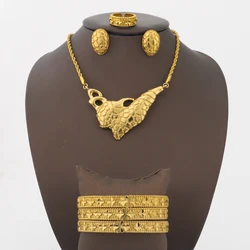 Luxury Dubai Gold Plated Stripe Pendant Gold Color Necklace Bracelet Earrings Ring Set Women's Day Event Party Vintage Jewelry