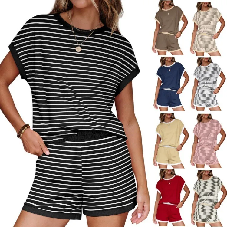 Women's Spring Summer Autumn Striped Three Quarter Sleeve Round Neck Relaxed Fit Patchwork All Season T Shirt Two Piece Set