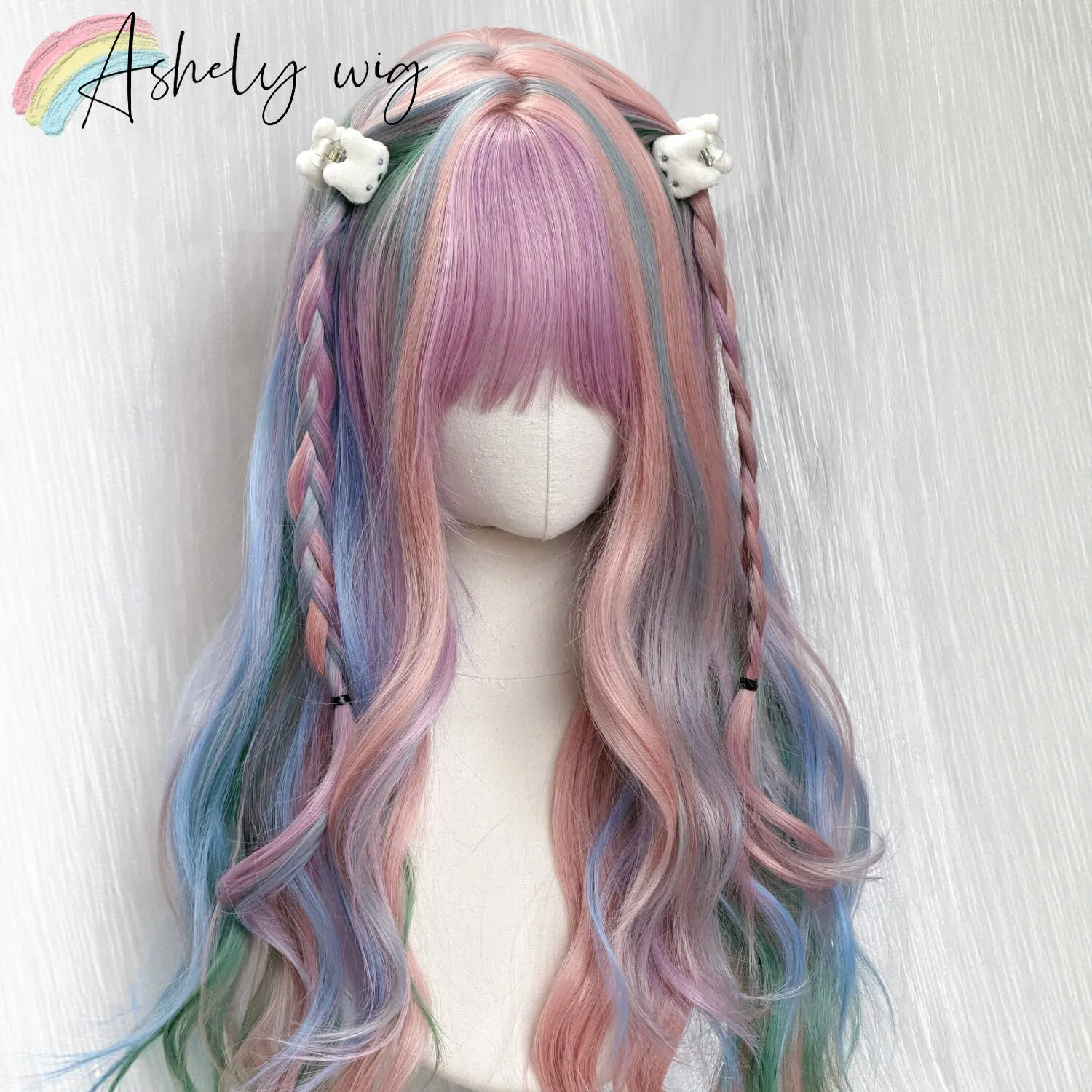 Long Pastel Rainbow Striped Wavy Wig 26inch Colorful Pink Blue Mint Mixed Color Curly Wig with Full Bangs for Cosplay Daily Wea