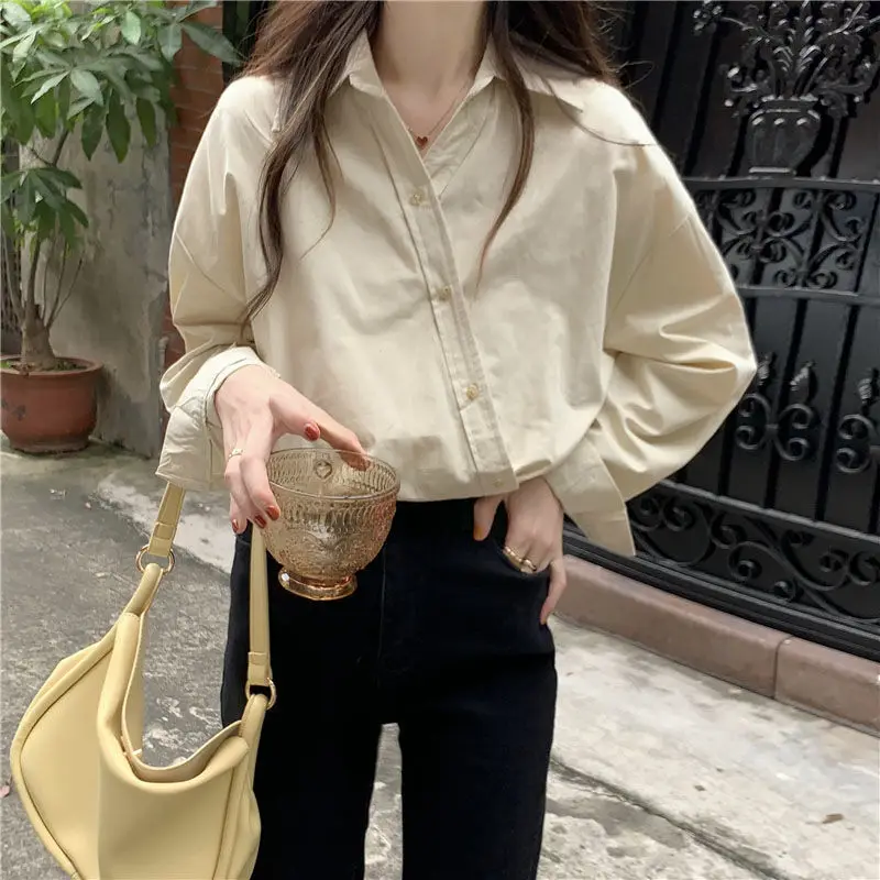 Polo Collar Long Sleeved Shirt for Women with a Niche Design Irregular Loose Fitting Shirt Top