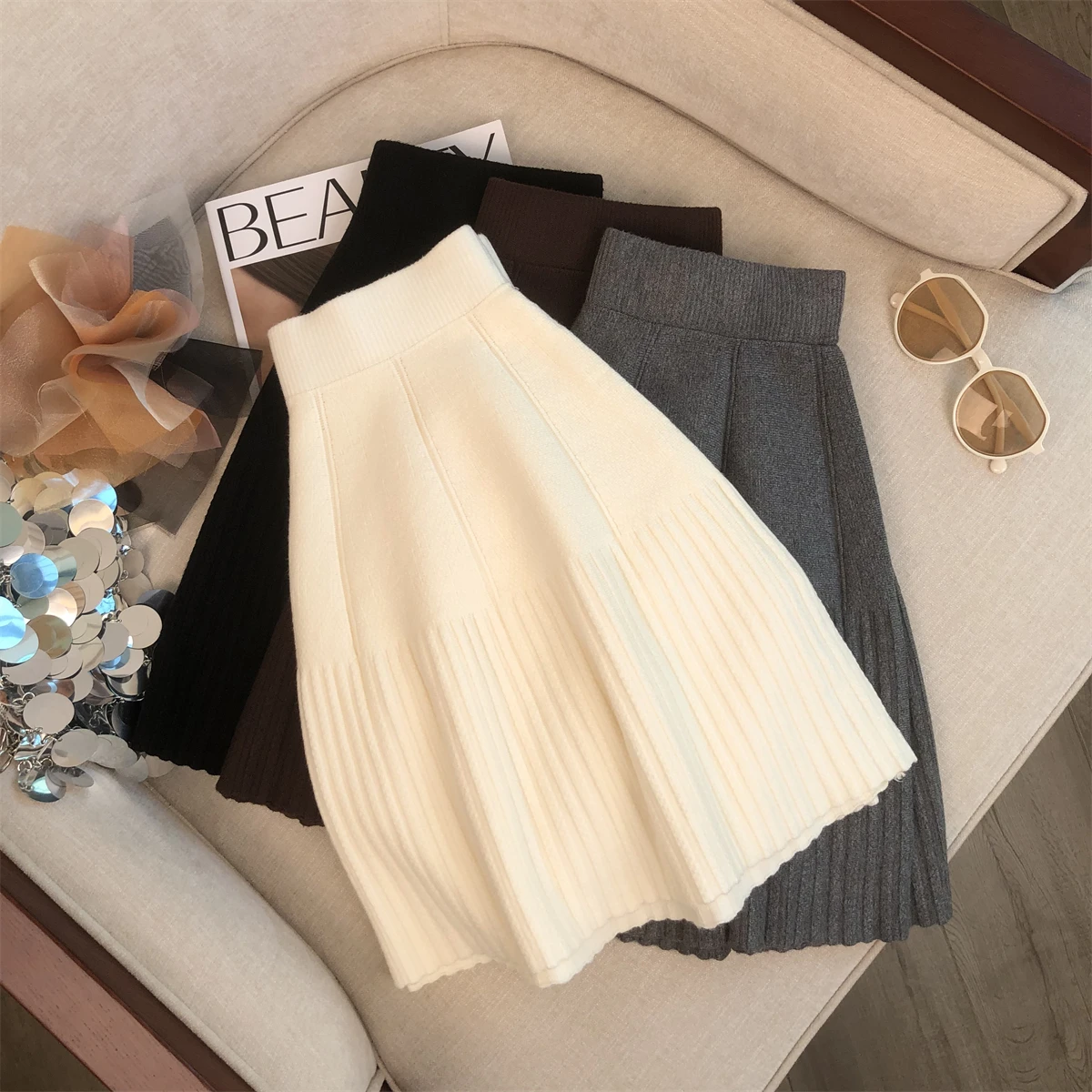 

Emily Clud Recommended Knitted Pleated Skirt Women's Autumn Winter Elastic Waist A-Line Skirt plus Size Faion Ladies