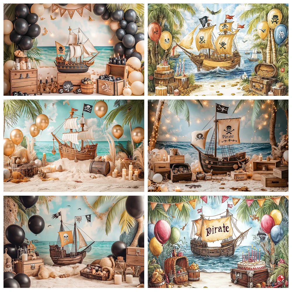 

Pirate Ship With Treasure Chest Photography Backdrop Kids Baby Cake Smash Photocall Decor Boys Adult Birthday Backgrounds Props