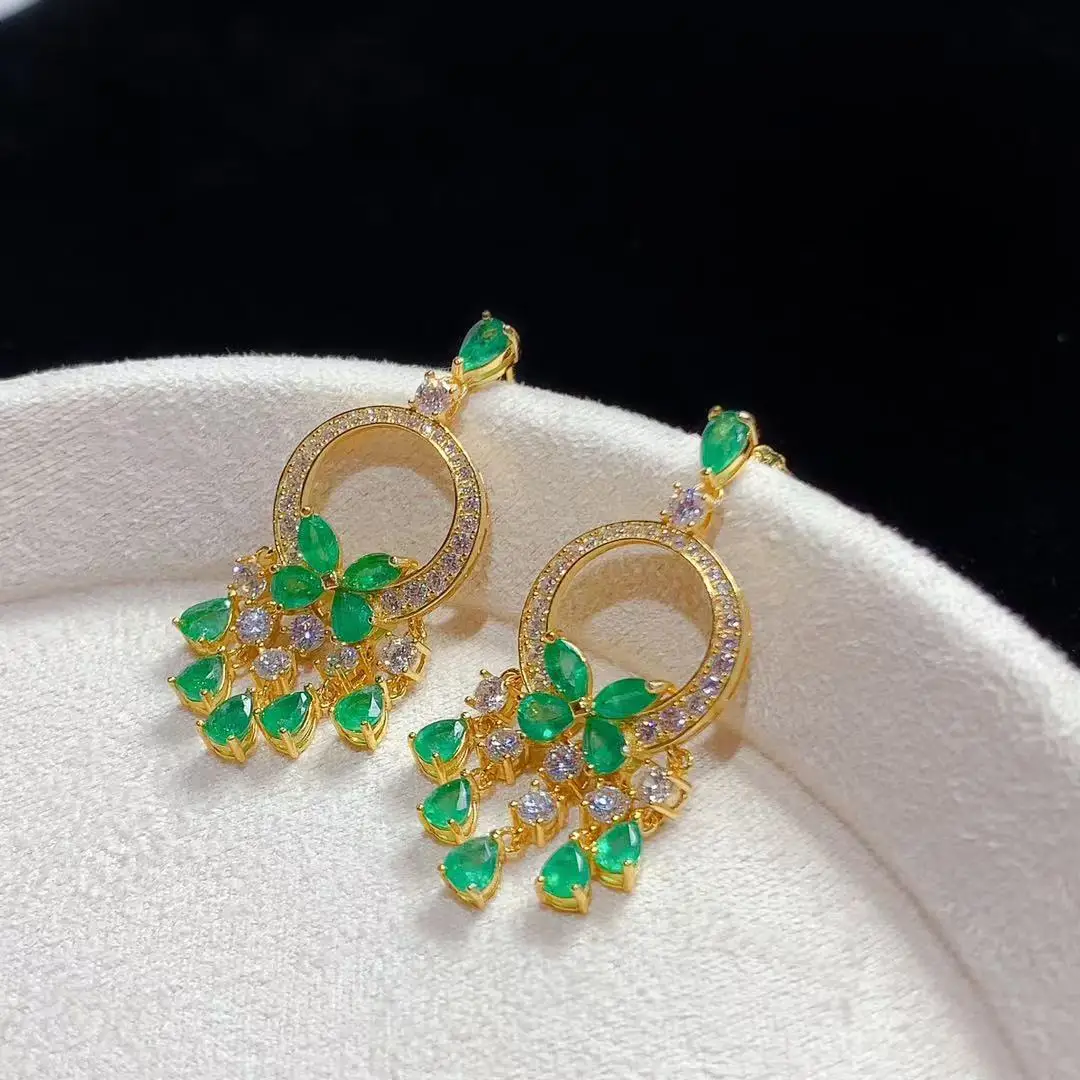 Natural Emerald Earrings Butterfly Fringe, 925 Sterling Silver Gala Dinner Luxury Jewelry