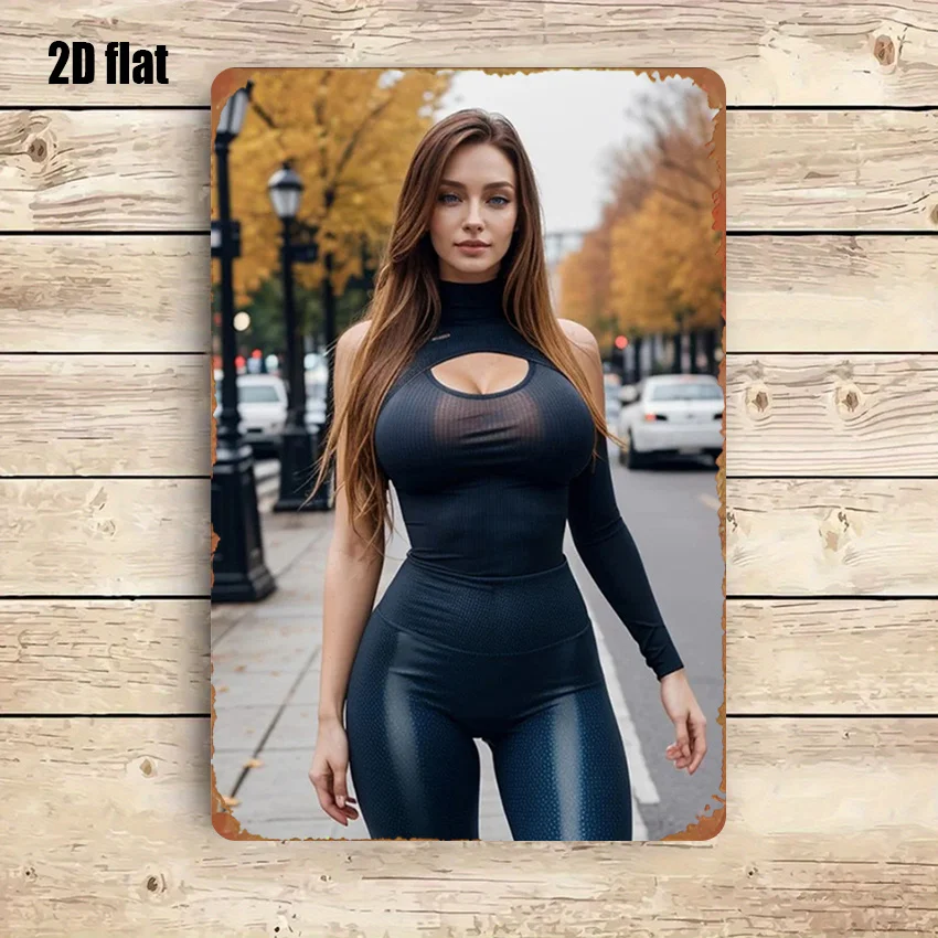 Vintage Sporty Curvy Woman Metal Tin Sign - Retro Chic Girl with Long Brown Hair in Black Cutout Turtleneck Top & Shiny High-Wai
