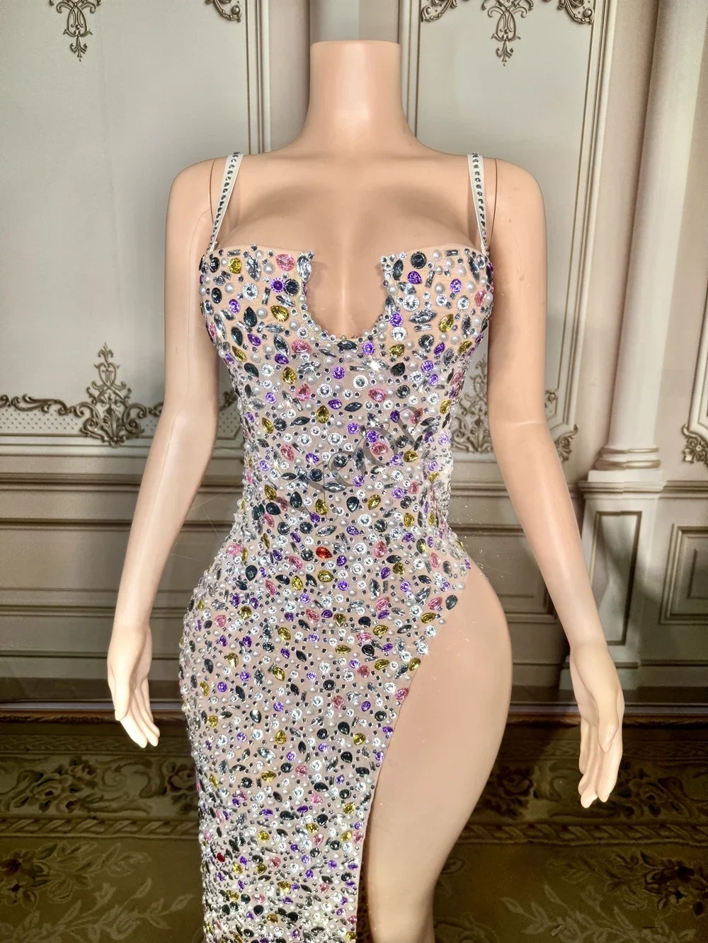 Роскошные вечерние платья со стразами для празднования дня рождения, сексуальное Сетчатое платье с высоким разрезом для фотосессии, одежда для выступления певицы, сцены