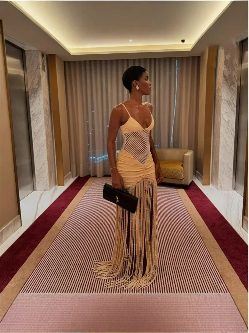 

Sexy Waist Hollow Out Tassel Hem Splicing Sling Dress Women Summer Solid Stretch Pleated Bodycon Beach Party Dresses Vestidos